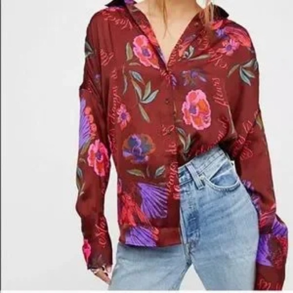 FREE PEOPLE Women’s Boho Bird Floral Champs De Fleurs Tunic Blouse EUC XS